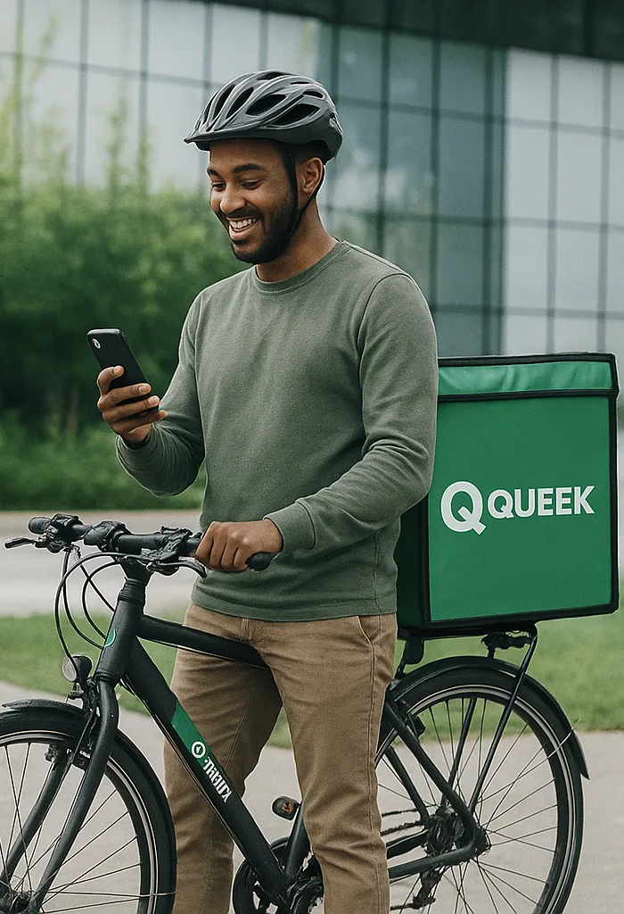 A Queek rider with a delivery box checking the next pickup on his phone