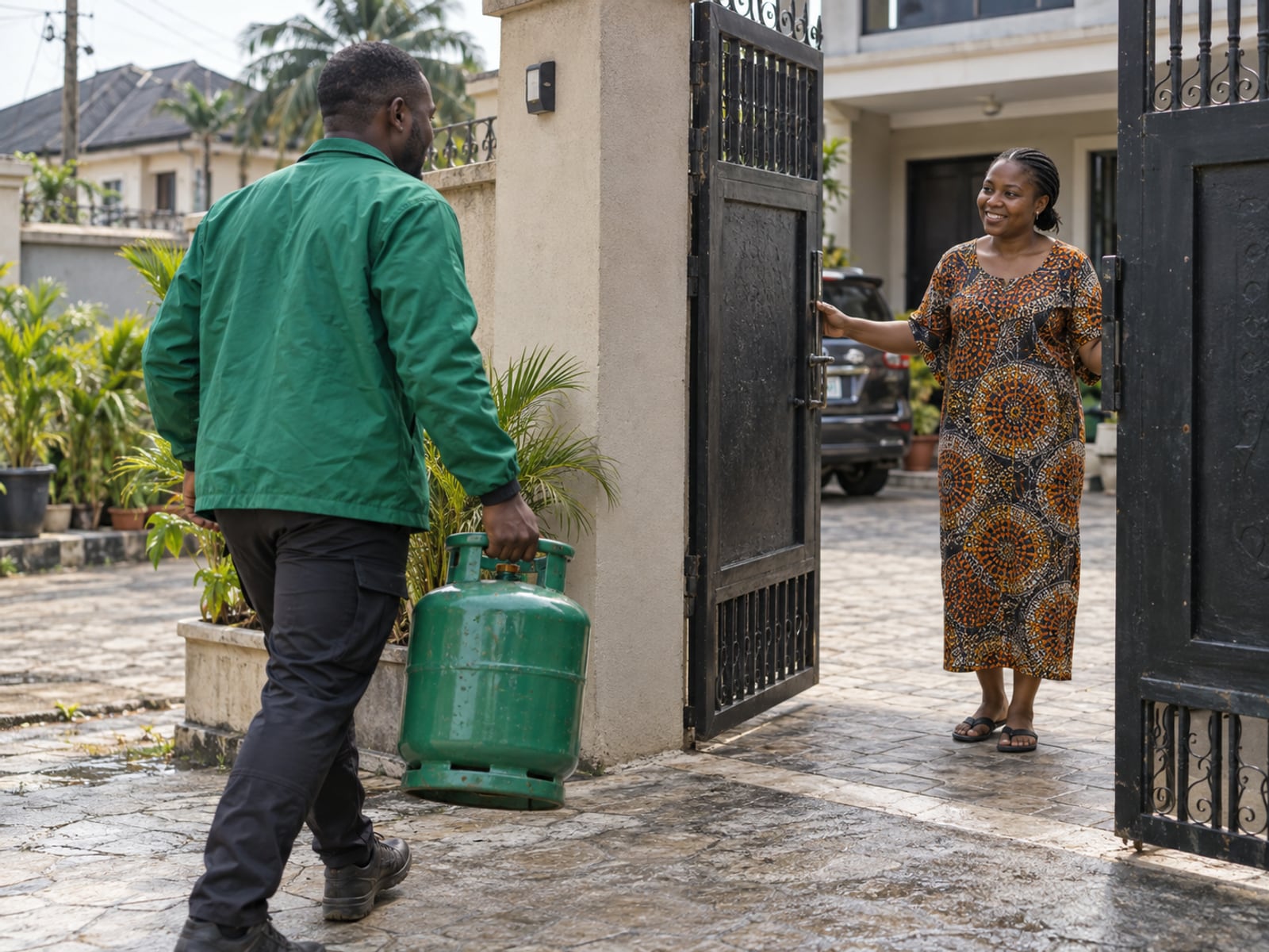 A rider in a green jacket carrying a refilled gas cylinder to a customer at her gate