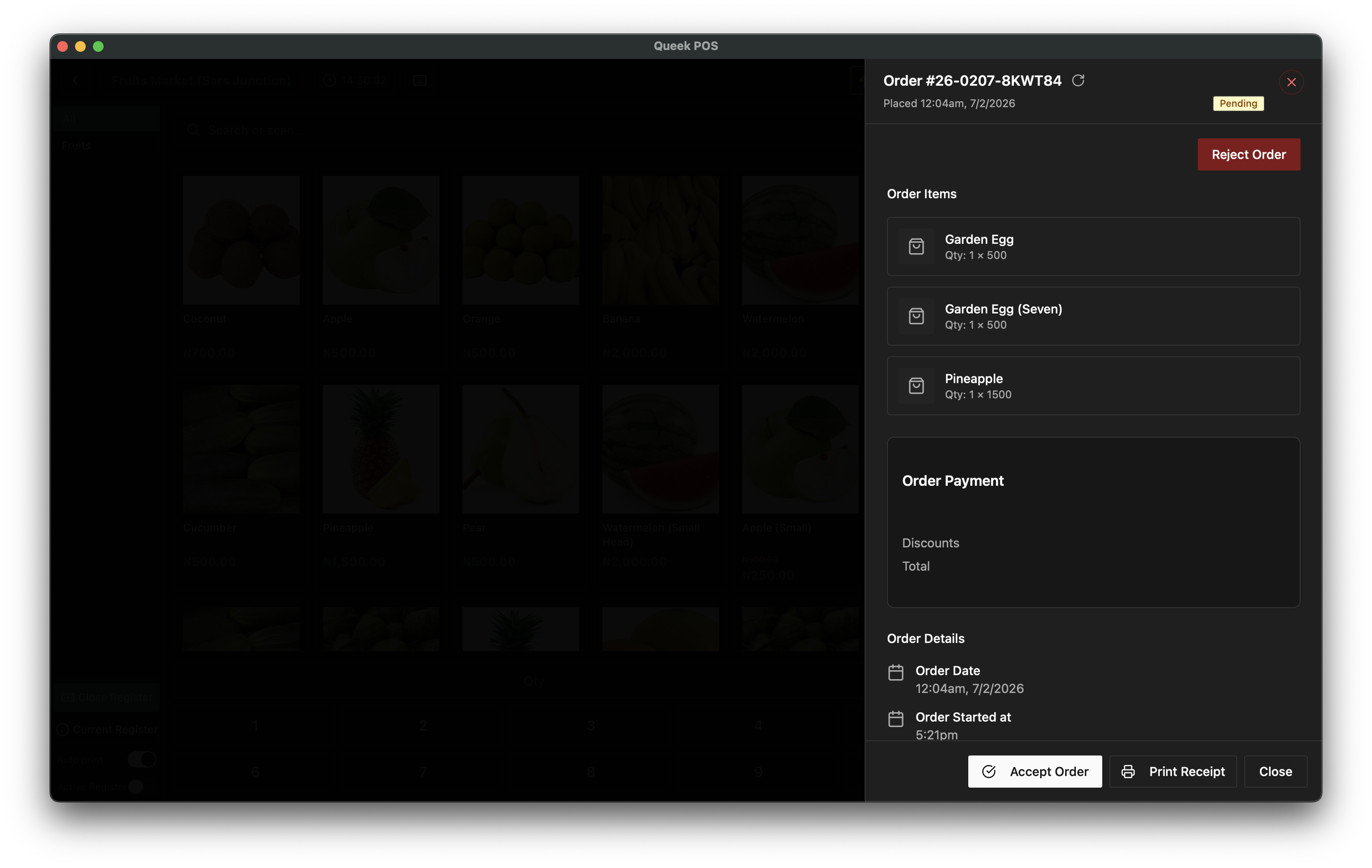 A pending Queek order with Accept Order and Reject Order buttons
