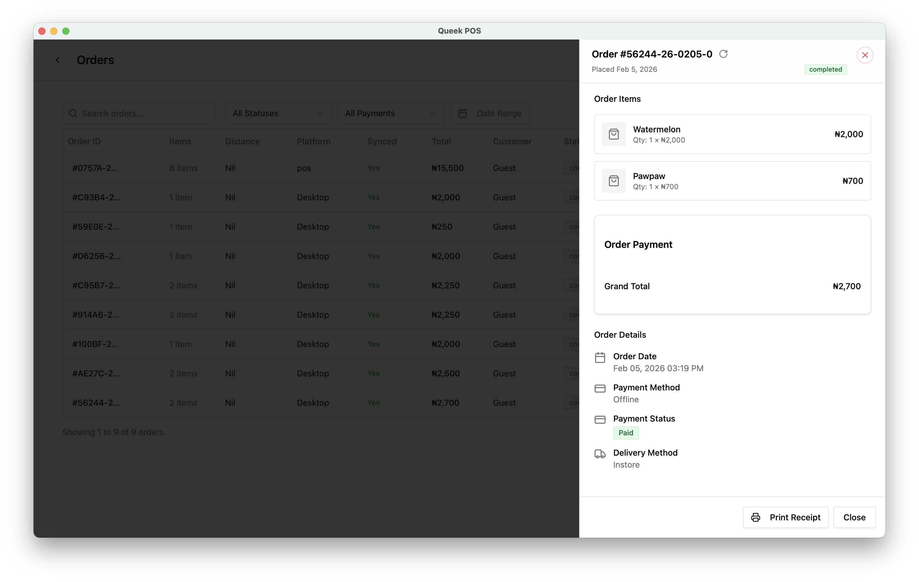 Order detail with items and payment status