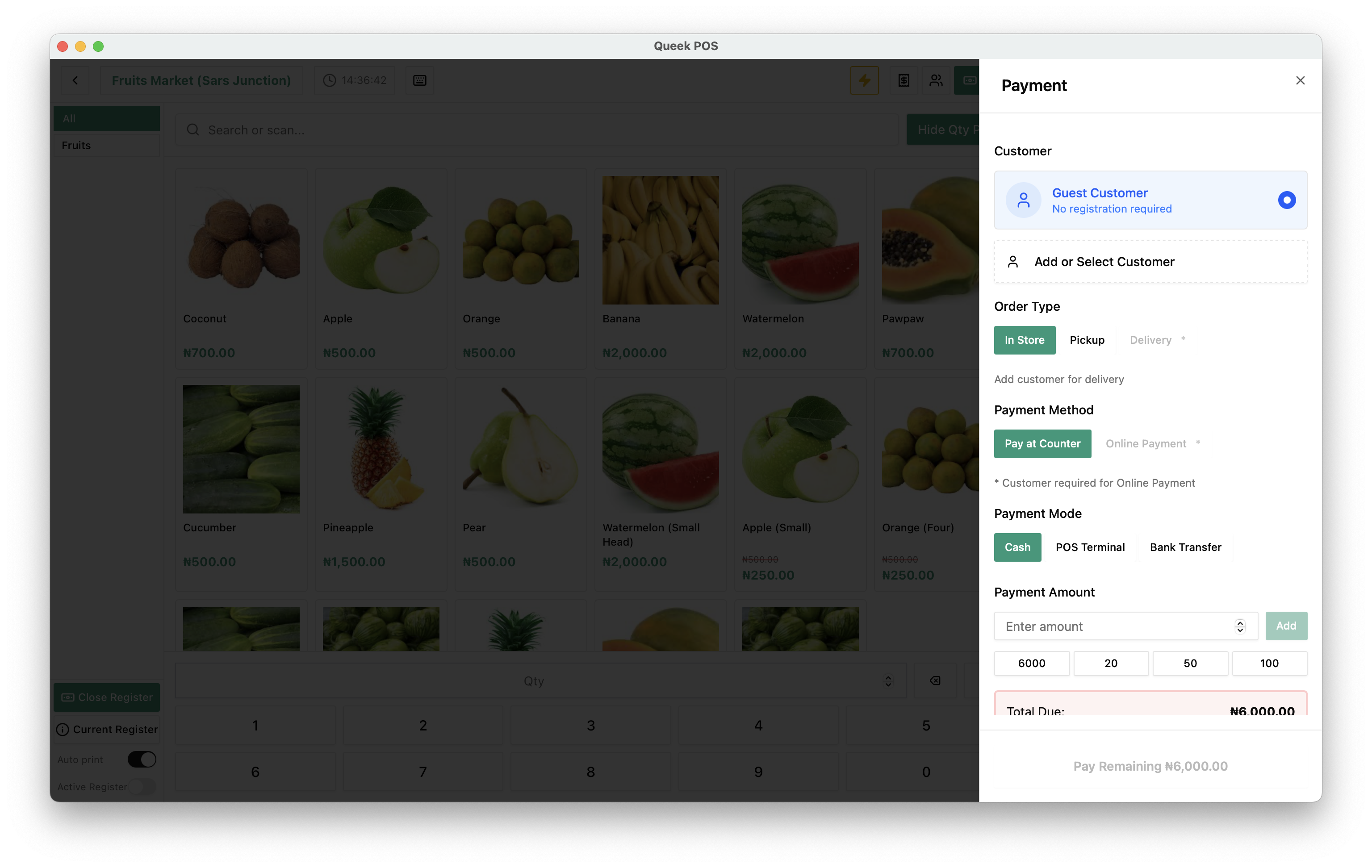 The Queek POS payment panel with guest customer, order type, payment method and payment mode