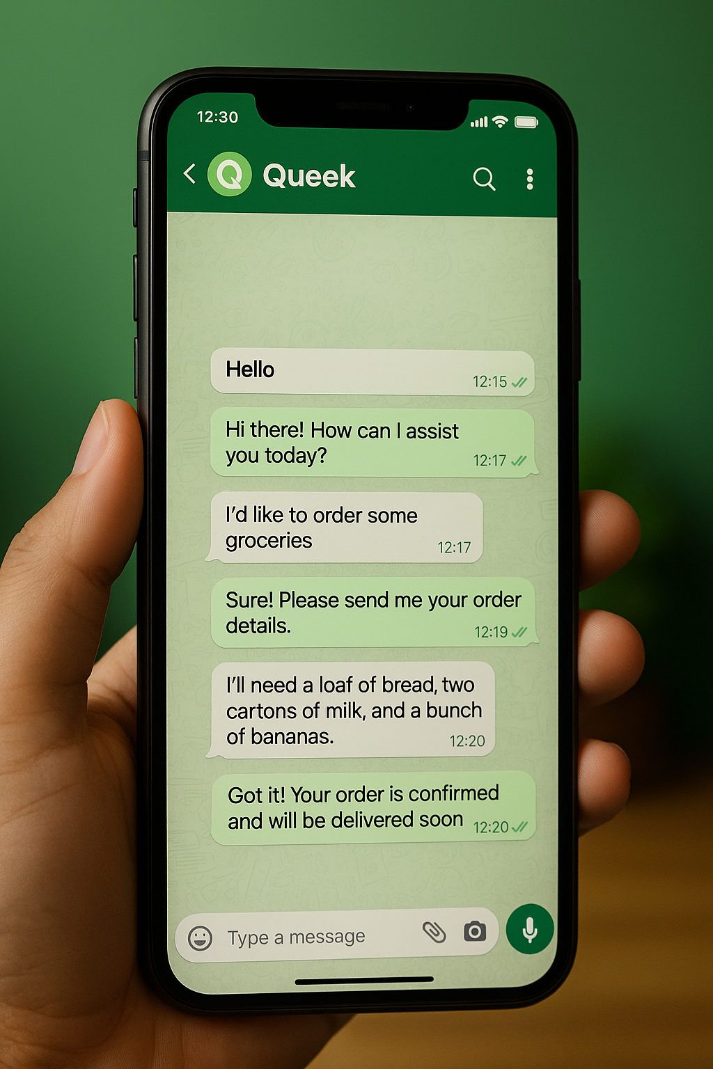 A hand holding a phone with a WhatsApp chat where a customer orders groceries from Queek